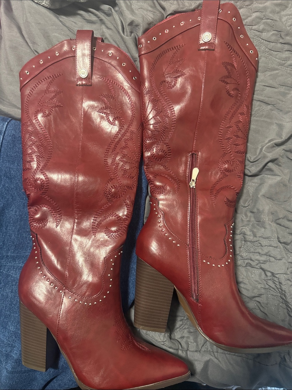 SHEIN Wine Red Studded Western Block Heel Mid-Calf Boots
